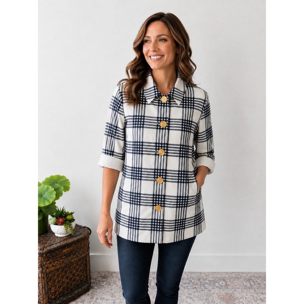 Covington Women's White/Navy Plaid Button-Front Lined Pocket Jacket M Mid